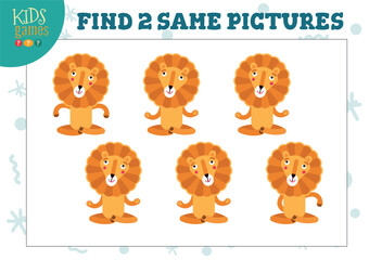 Find two same pictures kids puzzle vector illustration. Activity for preschool children