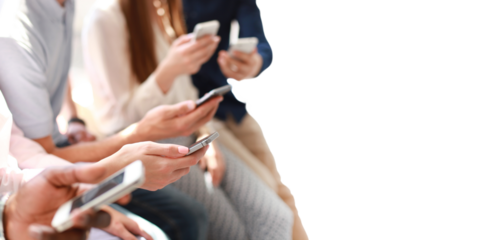 Group of students watching smartphones. Young people addiction to new technology trends.