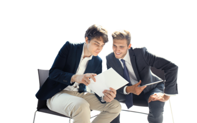 Mature businessman using a digital tablet to discuss information with a younger colleague in a modern business office.