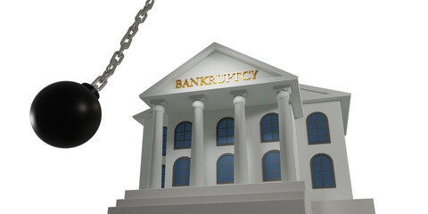 Bank collapse or money liquidity crisis. Wrecking ball smashing bank after failing to raise capital. Isoaleted conceptual 3d rendering banckrutcy illustration on transparent background.