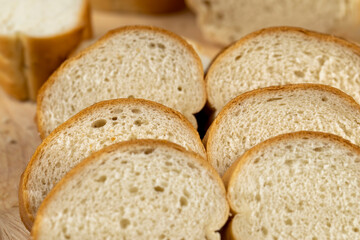 Sliced soft French baguette made of wheat flour