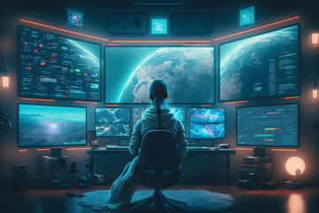 Character from behind looking at many screens and controlling world, technology concept of digital cyber world - Generative AI