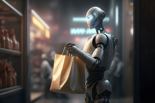 Ai robot holding shopping bag, human robotic assistant, helping human with grocery, futuristic concept of AI serving mankind - Generative AI