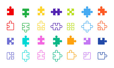 Puzzle icons vector set on white background. Collection with colored  pieces puzzle. Colored template of jigsaw parts.