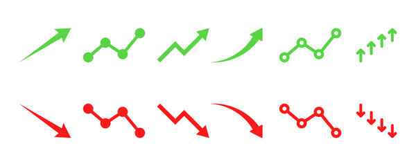 Set of financial arrows up and down. Green and red arrows. Increase and decrease. Vector 10 EPS.