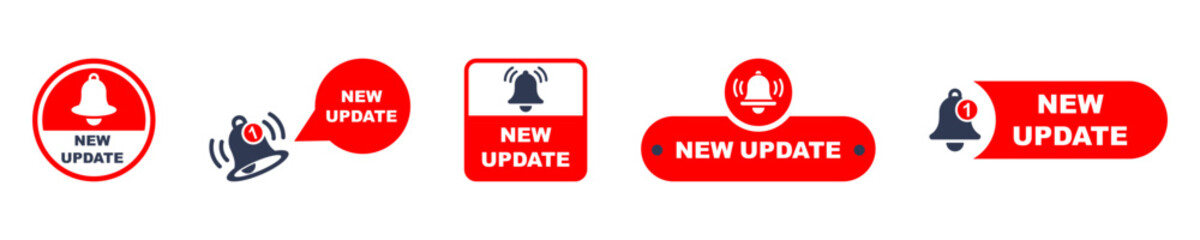 Set of new update vector icons. New improved. Update button with bell. Vector 10 Eps. 