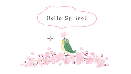 Fototapeta premium 桜の枝にとまるメジロと吹き出しのイラスト