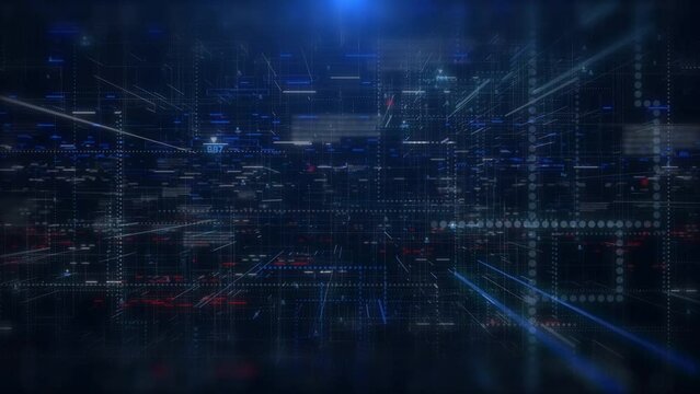 Digital technology big data connection fly through loop. Abstract simple geometric shape with binary number code 4k motion background.