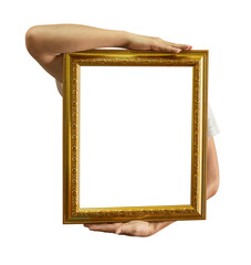 Hand holding golden frame vintage style isolated on transparent background PNG file.