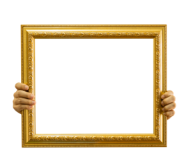 Hand holding golden frame vintage style isolated on transparent background PNG file.