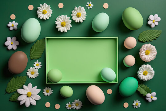 easter background with easter eggs and flowers and space for message - generative ai