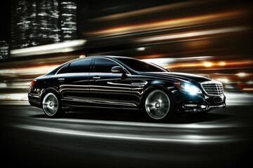 Obraz na płótnie Canvas Front side view of black luxury sedan in turn, Fast Blur Background Generative AI