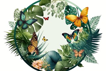 Round frame on a translucent backdrop with tropical plants and butterflies. Generative AI