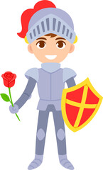Cute cartoon boy in medieval knight costume holding a rose