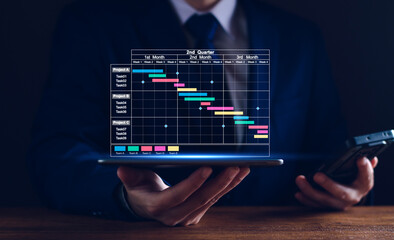 Project manager working on tablet. updating tasks and milestones progress planning with Gantt chart scheduling interface for company on virtual screen. Business 2nd quarter Project Management System