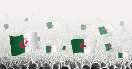 Abstract crowd with flag of Algeria. Peoples protest, revolution, strike and demonstration with flag of Algeria. - obrazy, fototapety, plakaty