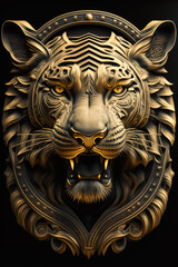 Golden Tiger Head Art Deco Illustration on Black Background