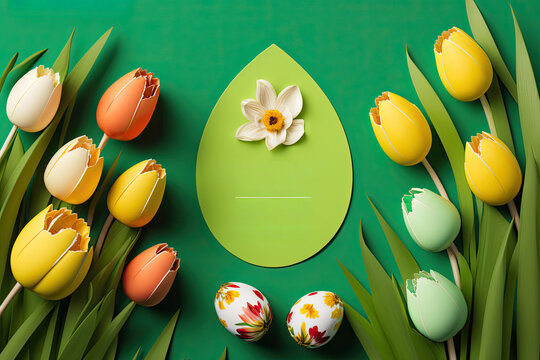 easter background with easter eggs and flowers and space for message - generative ai