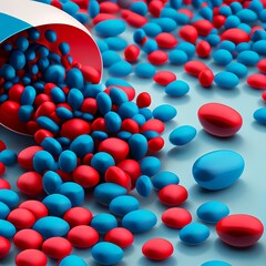 Scattered pills red blue color capsule Generative AI