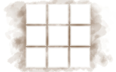 9つの白ヌキ正方形フレーム・ふんわり水彩画テクスチャ ブラウン イラスト素材 色違い・差分有