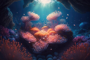 Sea anemone colony with underwater corals. Generative AI