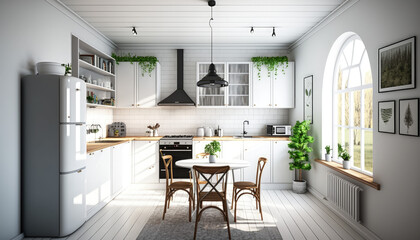 Contemporary white kitchen interior with furniture, kitchen interior with white color pallet - generative AI