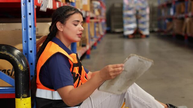 Tired hot wiping sweat. Indian woman warehouse worker sitting and drinking water in larg warehouse factory. Inventory and wholesale concept