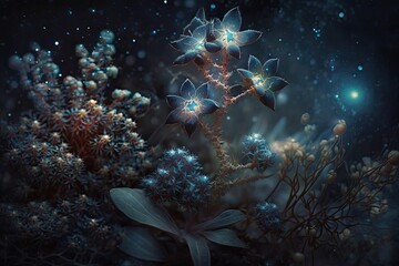 starry night sky star flashes nebula plant backdrop with a dark blue milky manner. Generative AI