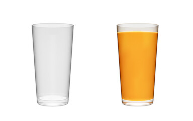 3d empty transparent glass and a glass of orange juice. 3d rendering illustration.