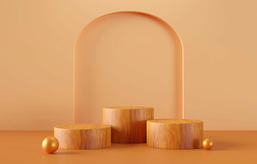 Realistic circle wooden stand.3D display podium on brown background.Geometric platform show cosmetic product.Stage pedestal or platform.Product presentation.3D rendering,illustration