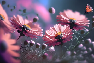 Pink summer flowers in a fairy summer garden with butterflies.Generative AI