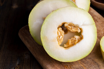 Ripe sweet melon pulp divided into small pieces