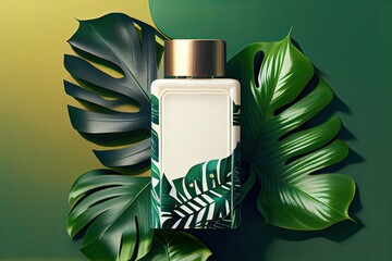 Minimal abstract cosmetic background for product presentation. Cosmetic bottle podium and green palm leaf background. 3d render illustration. Generative Ai.