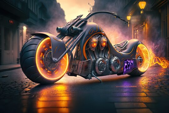Amidst flames and bolts of lightning, the chopper roars with unbridled intensity. The rider's wild spirit fuels the machine's reckless charge, carving asphalt with unrelenting passion, generative ai