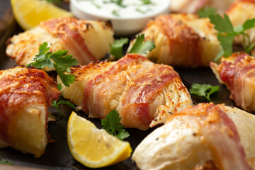 Bacon Wrapped Cabbage with dipping sauce. healthy food