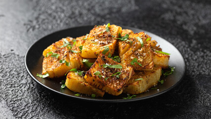 Baked accordion potato with parsley, garlic and herbs. Vegan healthy food