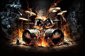 Heavy metal drums blazing like the fires of hell, lightning crackling with each thunderous beat. The drummer's passion and power are evident, unleashing a sonic assault, generative ai