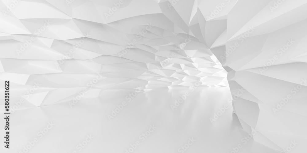 Poster white empty abstract tunnel or corridor background, walls with polygonal geometry pattern, lit from 
