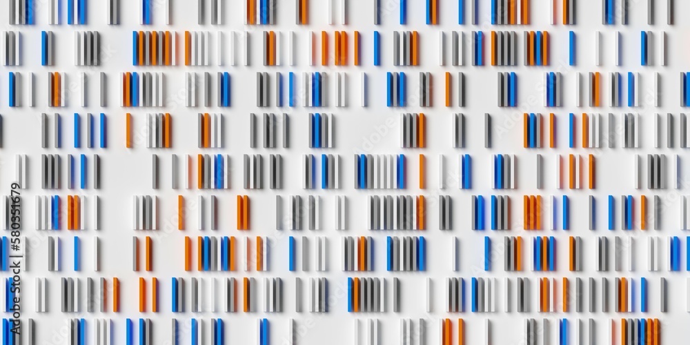 Poster rows of blue, white and orange cubes or boxes array on white background, abstract modern minimal dat