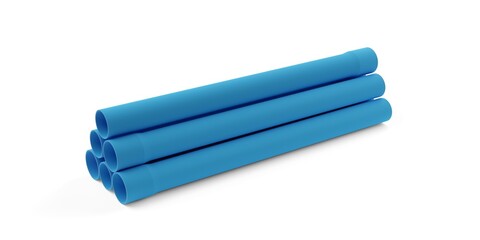 Stack of blue PVC pipes over white background, plumbing, water infrastructure or industry concept