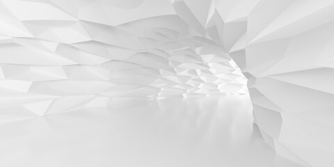 White empty abstract tunnel or corridor background, walls with polygonal geometry pattern, lit from back