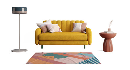 Yellow sofa with rug and lamp