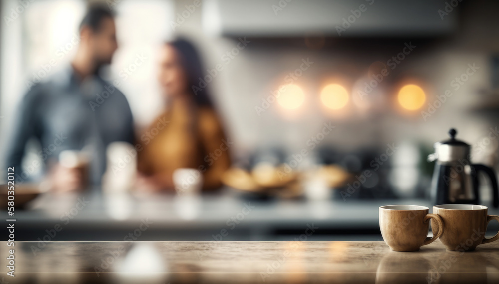 Poster an empty kitchen counter worktop for product display. blurred people in the background. generative a