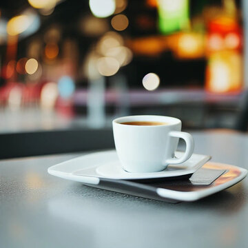 A cup of coffee is served in a white cup in a cafe. Served on the table. Bright light in the cafe.
