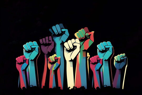 Set of raised up fist symbols with different races hands, protest concept. Generative Ai