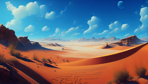 A vast, arid desert with towering sand dunes and a brilliant blue sky. Generative AI