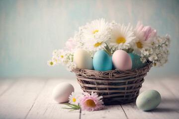 Naklejka na ściany i meble Easter eggs and flowers in a basket on a white wooden background with copy space. AI