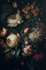Obraz na płótnie Canvas Bouquet of flowers, vintage painting style. Floral backdrop. AI