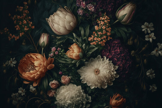 Bouquet of flowers, vintage painting style. Floral wallpaper. AI