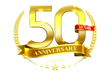 50 Years Anniversary with laurel wreath Golden Ribbon